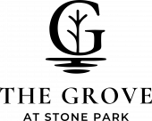 The Grove at Stone Park apartment homes with Logo with a stylized "G" containing a tree, and text: "THE GROVE AT STONE PARK" below it.