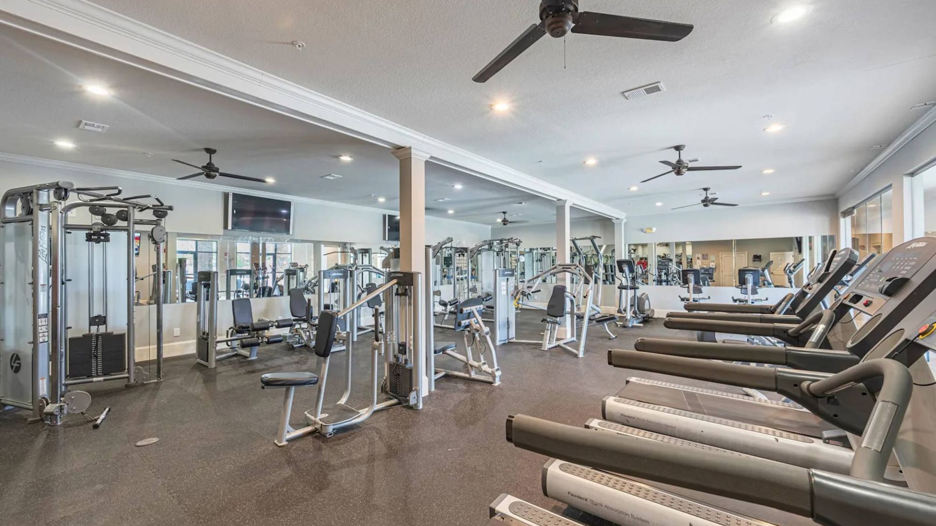 The Grove at Stone Park apartment homes with Spacious gym with treadmills, weight machines, mirrors, ceiling fans, and large windows.