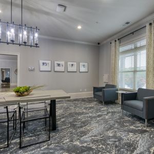 The Grove at Stone Park apartment homes with Modern lounge with gray armchairs, a table with clear chairs, wall art, large window, and patterned carpet.